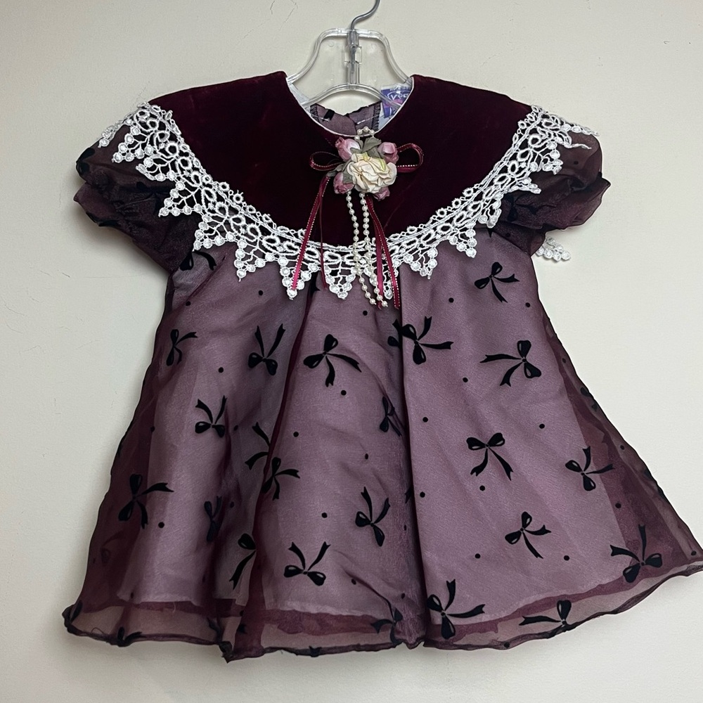 Vintage Sweet Kids‎ 80s Dress Girls Small Burgundy Red Purple Lace Bows Formal